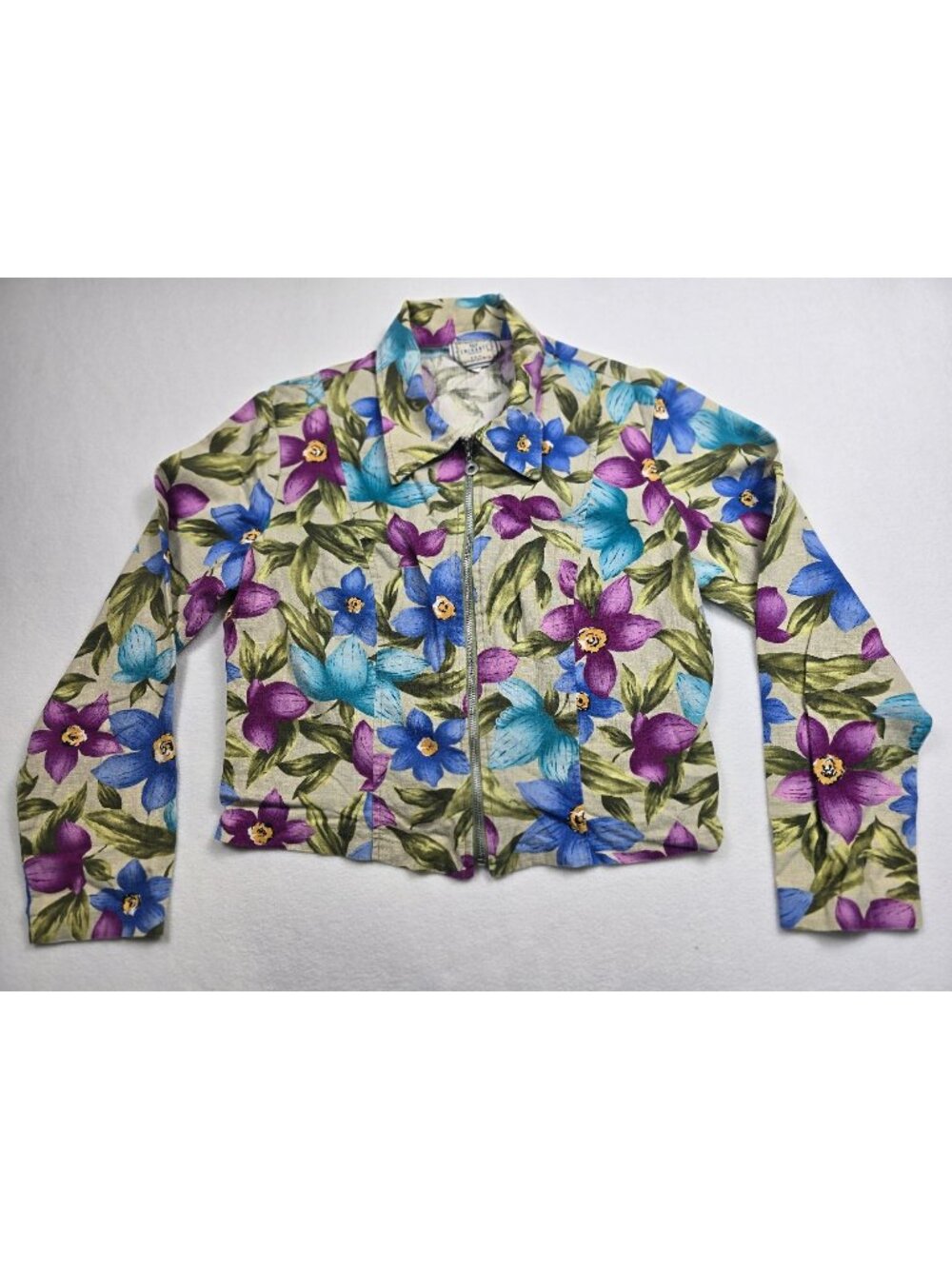 Vintage Enchante Womens Medium Floral Cropped Jacket 55% Linen 45% Cotton